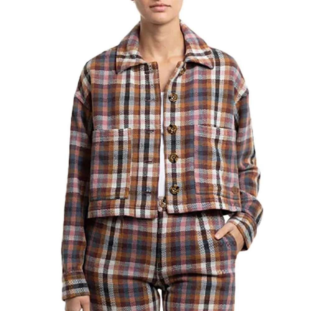 JETTY Womens Medium Plaid Flannel Cropped Shacket Jacket Brown Pink Cotton Shore
